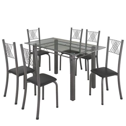 Imagem de Conjunto de Jantar Mesa 140x75cm Tampo de Vidro Incolor com 6 Cadeiras Sara Yescasa Prata/Preto Liso/Mart