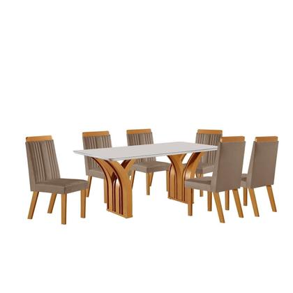 Imagem de Conjunto de Jantar Mesa Miami Tampo MDF e Vidro com 6 Cadeiras Florença Estofadas Castanho Cinamomo e Off White Yescasa