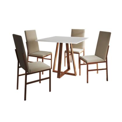 Imagem de Conjunto de Jantar Mesa Mônaco Premium 90cm Branca com 4 Cadeiras Estofadas Bege Base Cobre