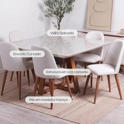 Imagem de Conjunto de Jantar Mesa Quadrada com Vidro Bennett 6 Cadeiras New Drop - Natural c/ Bege