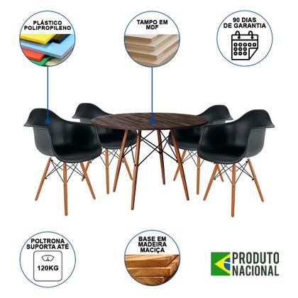 Imagem de Conjunto de Jantar Mesa Redonda Eiffel Eames em Madeira 90cm Amêndoa com 4 Poltronas Pretas