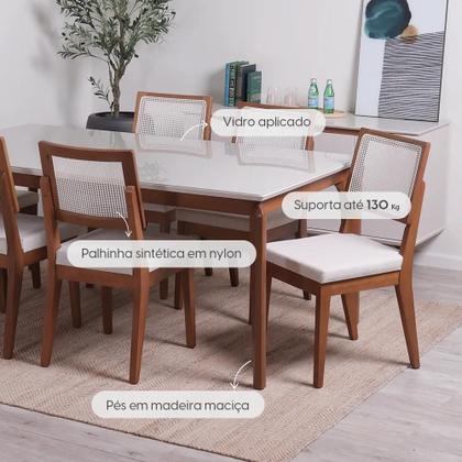Imagem de Conjunto de Jantar Mesa Retangular com Vidro New Lauren 6 Cadeiras com Palhinha Saga - Natural c/ Mescla Cru