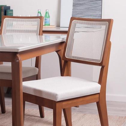Imagem de Conjunto de Jantar Mesa Retangular com Vidro New Lauren 6 Cadeiras com Palhinha Saga - Natural c/ Mescla Cru