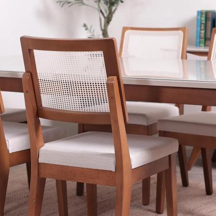 Imagem de Conjunto de Jantar Mesa Retangular com Vidro New Lauren 6 Cadeiras com Palhinha Saga - Natural c/ Mescla Cru
