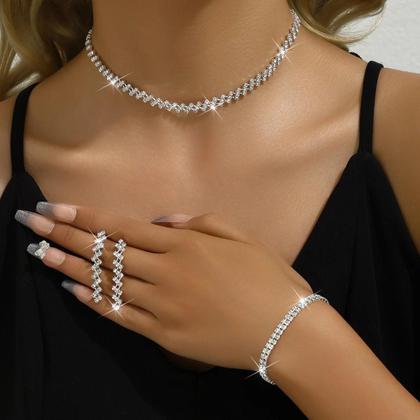Imagem de Conjunto De Joias Femininas Com Strass 4 Peças Colar Brincos Pulseira Acessórios Para Vestido De
