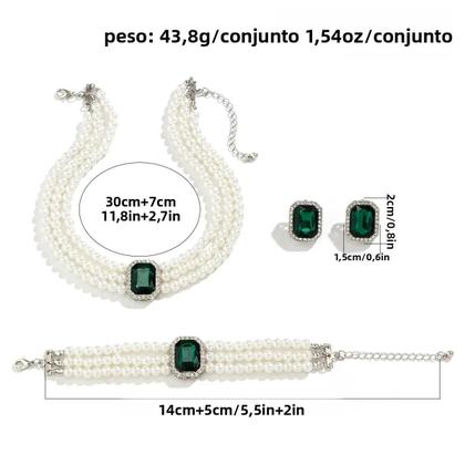 Imagem de Conjunto De Joias Femininas De Luxo Leve Com Pérolas E Turquesa 4 Peças: Colar, Brincos E Pulseira 