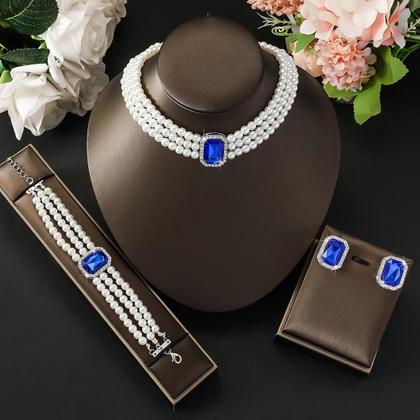 Imagem de Conjunto De Joias Femininas De Luxo Leve Com Pérolas E Turquesa 4 Peças: Colar, Brincos E Pulseira 