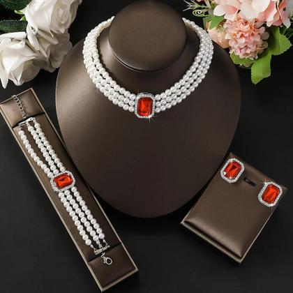 Imagem de Conjunto De Joias Femininas De Luxo Leve Com Pérolas E Turquesa 4 Peças: Colar, Brincos E Pulseira 