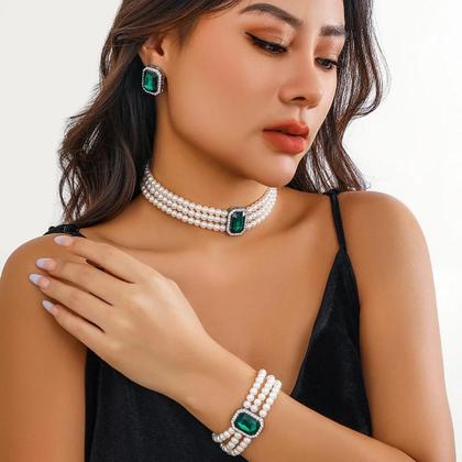 Imagem de Conjunto De Joias Femininas De Luxo Leve Com Pérolas E Turquesa 4 Peças: Colar, Brincos E Pulseira 