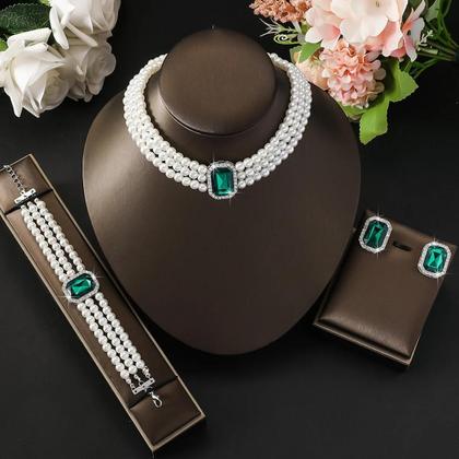 Imagem de Conjunto De Joias Femininas De Luxo Leve Com Pérolas E Turquesa 4 Peças: Colar, Brincos E Pulseira 