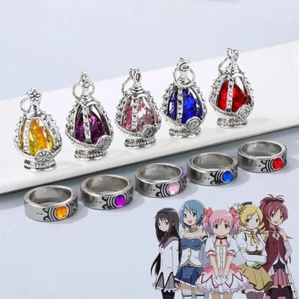 Imagem de Conjunto de Jóias Madoka Magica - Colar, Pingente e Anel com Pedra de Cristal