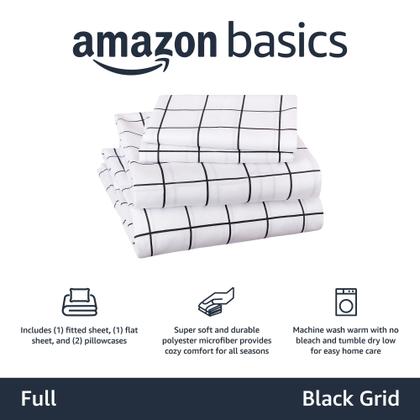 Imagem de Conjunto de lençóis de cama Amazon Basics Soft Microfiber Full Black Grid