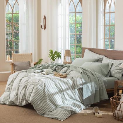 Imagem de Conjunto de lençóis MooMee 100% algodão lavado e linho Queen Green