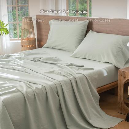 Imagem de Conjunto de lençóis MooMee 100% algodão lavado e linho Queen Green