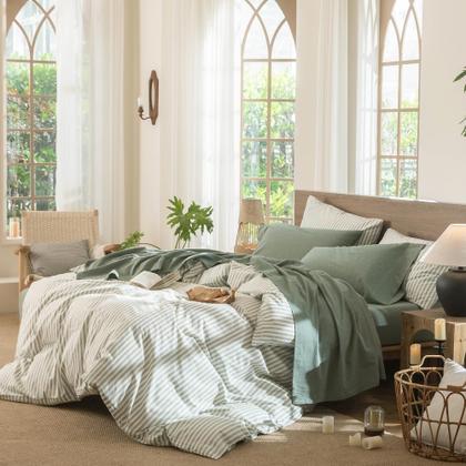 Imagem de Conjunto de lençóis MooMee, algodão lavado, tipo king size, verde