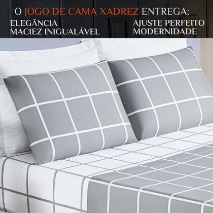 Imagem de Conjunto De Lencol Casal Queen Size Austin Xadrez 200 Fios 04 Pçs Toque Super Macio