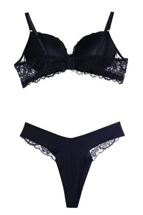 Imagem de Conjunto de Lingerie Com Renda Feminino Sutiã Com Bojo Calcinha Tipo Fio Dental Tecido Duplo Detalhe