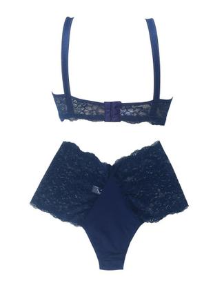 Imagem de Conjunto de lingerie plus size com bojo em microfibra e renda Sensual Azul Marinho