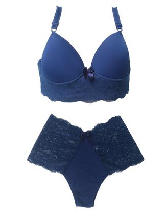 Imagem de Conjunto de lingerie plus size com bojo em microfibra e renda Sensual Azul Marinho