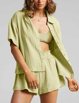 Imagem de Conjunto de linho Flygo feminino casual de 2 peças, conjunto de pijama de praia