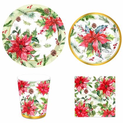 Imagem de Conjunto De Louças De Papel Descartáveis Com Padrão De Flores Vermelhas, Pratos, Copos E Guardanapos