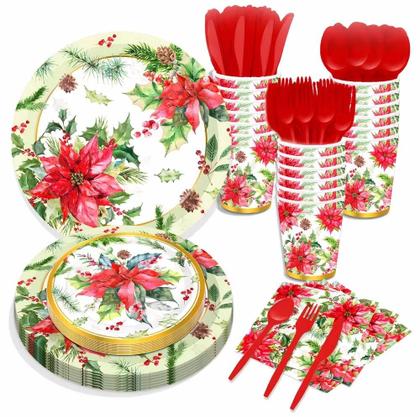 Imagem de Conjunto De Louças De Papel Descartáveis Com Padrão De Flores Vermelhas, Pratos, Copos E Guardanapos