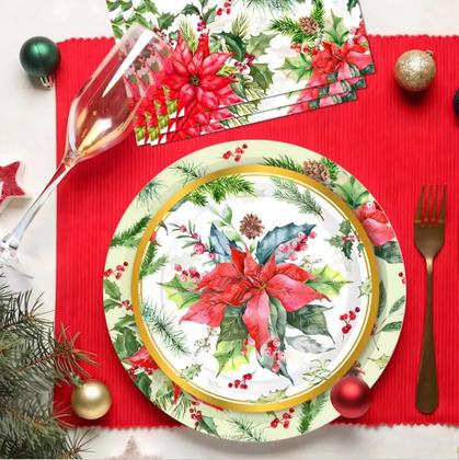 Imagem de Conjunto De Louças De Papel Descartáveis Com Padrão De Flores Vermelhas, Pratos, Copos E Guardanapos