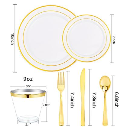 Imagem de Conjunto de louças descartáveis BuCla branco/dourado 300 unidades para 50 convidados