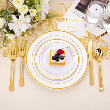 Imagem de Conjunto de louças descartáveis BuCla branco/dourado 300 unidades para 50 convidados