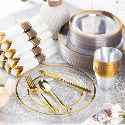 Imagem de Conjunto de louças Goodluck, 350 peças de plástico dourado para 50 convidados