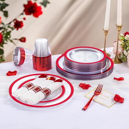 Imagem de Conjunto de louças I00000 210 peças de plástico vermelho com talheres