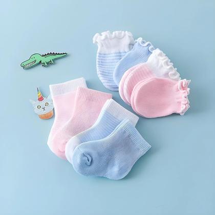 Imagem de Conjunto De Luvas De Algodão Macio Com Babados Para Bebê Menina E Menino, Meias Listradas Elásticas