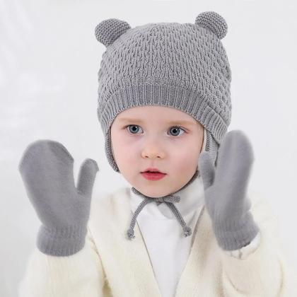 Imagem de Conjunto de Luvas e Gorro de Malha para Bebês - Cores Sólidas - Ideal para Outono/Inverno