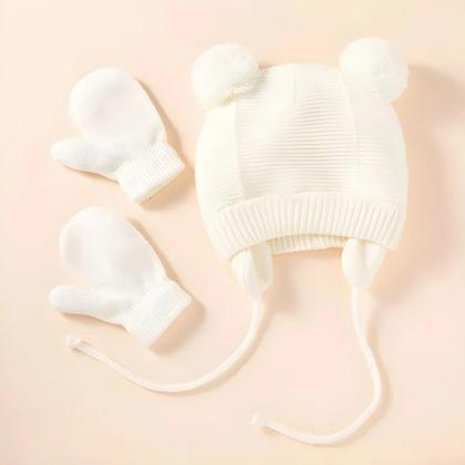 Imagem de Conjunto de Luvas e Gorro de Malha para Bebês - Cores Sólidas - Ideal para Outono/Inverno
