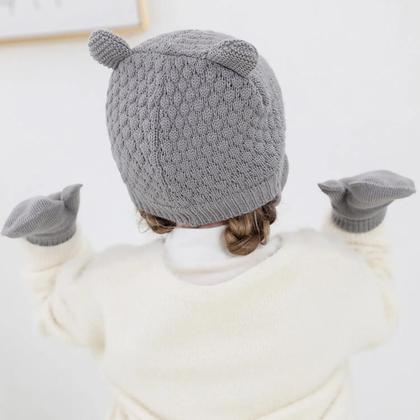 Imagem de Conjunto de Luvas e Gorro de Malha para Bebês - Cores Sólidas - Ideal para Outono/Inverno