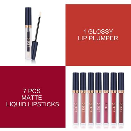 Imagem de Conjunto de Maquiagem QiBest - 8 Batons Líquidos Matte e Lip Plumper