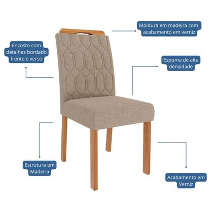 Imagem de Conjunto de Mesa 160 com 6 Cadeiras de Madeira Maciça MDF e Linho Bege para Sala de Jantar Mesa Retangular Tampo de Vidro Temperado