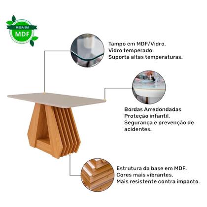 Imagem de Conjunto de Mesa 160 com 6 Cadeiras de Madeira Maciça MDF e Linho Bege para Sala de Jantar Mesa Retangular Tampo de Vidro Temperado