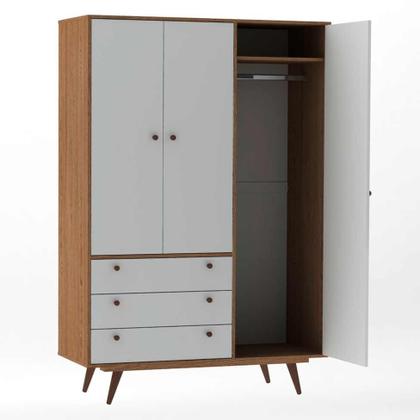 Conjunto de Mesa de Cabeceira e Guarda-Roupa Casal Retrô Plus 3 PT 3 GV Rustik Carvalho e Branco - Mobly Imagem de Conjunto de Mesa de Cabeceira e Guarda-Roupa Casal Retrô Plus 3 PT 3 GV Rustik Carvalho e Branco