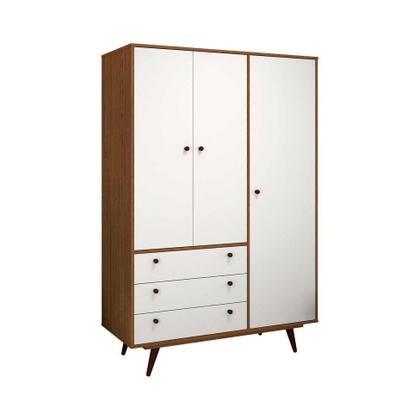 Conjunto de Mesa de Cabeceira e Guarda-Roupa Casal Retrô Plus 3 PT 3 GV Rustik Carvalho e Branco - Mobly Imagem de Conjunto de Mesa de Cabeceira e Guarda-Roupa Casal Retrô Plus 3 PT 3 GV Rustik Carvalho e Branco