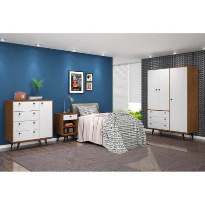 Conjunto de Mesa de Cabeceira e Guarda-Roupa Casal Retrô Plus 3 PT 3 GV Rustik Carvalho e Branco - Mobly Imagem de Conjunto de Mesa de Cabeceira e Guarda-Roupa Casal Retrô Plus 3 PT 3 GV Rustik Carvalho e Branco