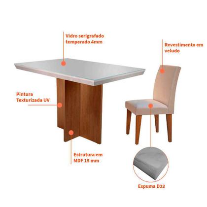 Conjunto de Mesa de Jantar Berlim II com Tampo de Vidro Off White e 4 Cadeiras Grécia Veludo Creme - Modern Imagem de Conjunto de Mesa de Jantar Berlim II com Tampo de Vidro Off White e 4 Cadeiras Grécia Veludo Creme