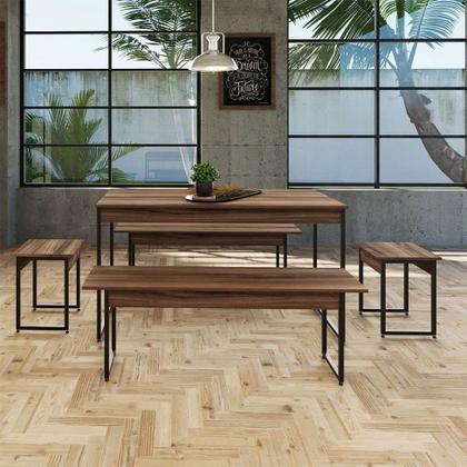 Conjunto de Mesa de Jantar com 2 Bancos e 2 Banquetas Studio Nogal e Preto - Compace Imagem de Conjunto de Mesa de Jantar com 2 Bancos e 2 Banquetas Studio Nogal e Preto