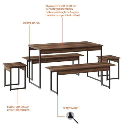 Conjunto de Mesa de Jantar com 2 Bancos e 2 Banquetas Studio Nogal e Preto - Compace Imagem de Conjunto de Mesa de Jantar com 2 Bancos e 2 Banquetas Studio Nogal e Preto