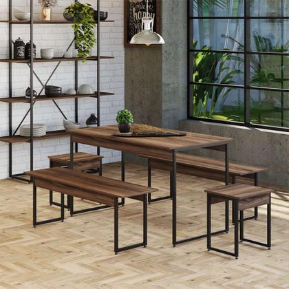 Conjunto de Mesa de Jantar com 2 Bancos e 2 Banquetas Studio Nogal e Preto - Compace Imagem de Conjunto de Mesa de Jantar com 2 Bancos e 2 Banquetas Studio Nogal e Preto