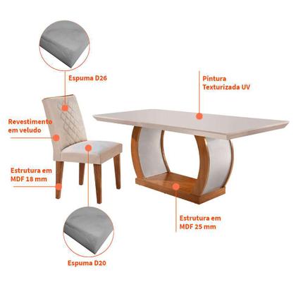 Conjunto de Mesa de Jantar com 6 Cadeiras Estofadas Maia I Veludo Off White e Creme - Modern Imagem de Conjunto de Mesa de Jantar com 6 Cadeiras Estofadas Maia I Veludo Off White e Creme