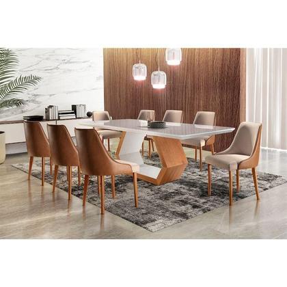 Imagem de Conjunto de Mesa de Jantar com 8 Cadeiras Turmalina Linho Off White e Caramelo