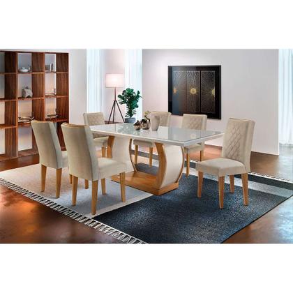 Conjunto de Mesa de Jantar com Tampo de Vidro e 6 Cadeiras Maia Linho Bege e Imbuia - Rufato Imagem de Conjunto de Mesa de Jantar com Tampo de Vidro e 6 Cadeiras Maia Linho Bege e Imbuia