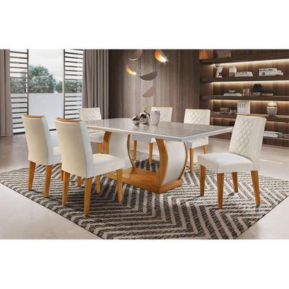 Conjunto de Mesa de Jantar com Tampo de Vidro e 6 Cadeiras Maia Veludo Creme e Imbuia - Modern Imagem de Conjunto de Mesa de Jantar com Tampo de Vidro e 6 Cadeiras Maia Veludo Creme e Imbuia