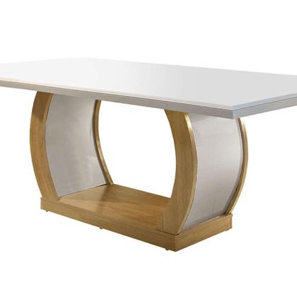 Conjunto de Mesa de Jantar com Tampo de Vidro e 6 Cadeiras Maia Veludo Creme e Imbuia - Modern Imagem de Conjunto de Mesa de Jantar com Tampo de Vidro e 6 Cadeiras Maia Veludo Creme e Imbuia